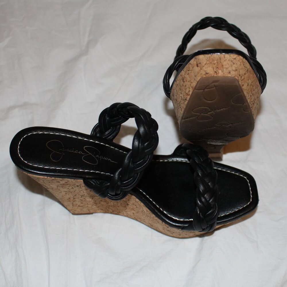 Jessica Simpson Black Leather Braided 2-Strap Cork Platform Wedge Sandals - Picture 10 of 16